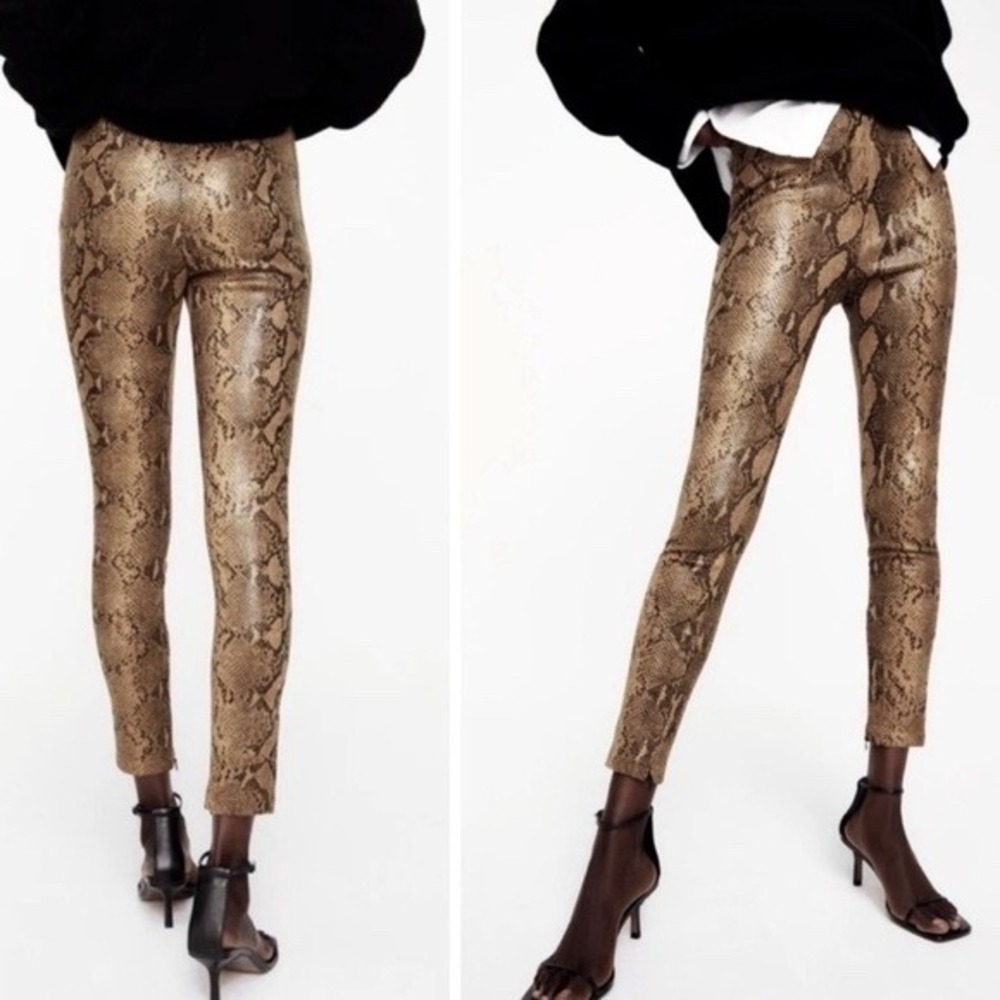 NEW ZARA Snake Print Hi Rise Leggings Pants Brown Black Womens Sz S Zip‎ Cuff